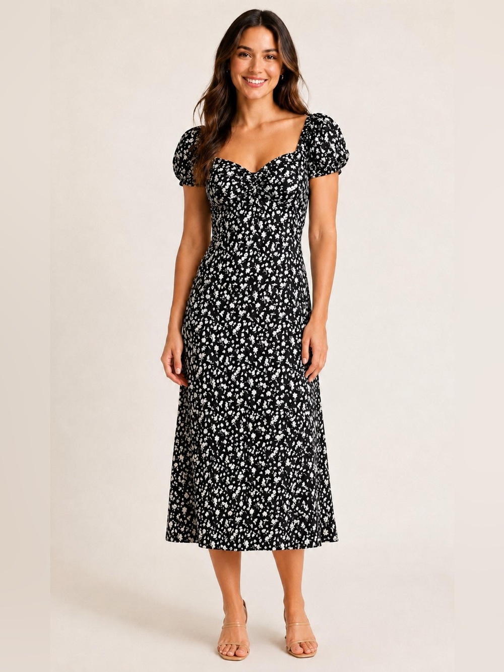 Madden Girl Black Sweetheart Neckline Floral Puff Sleeve Midi Dress - Medium